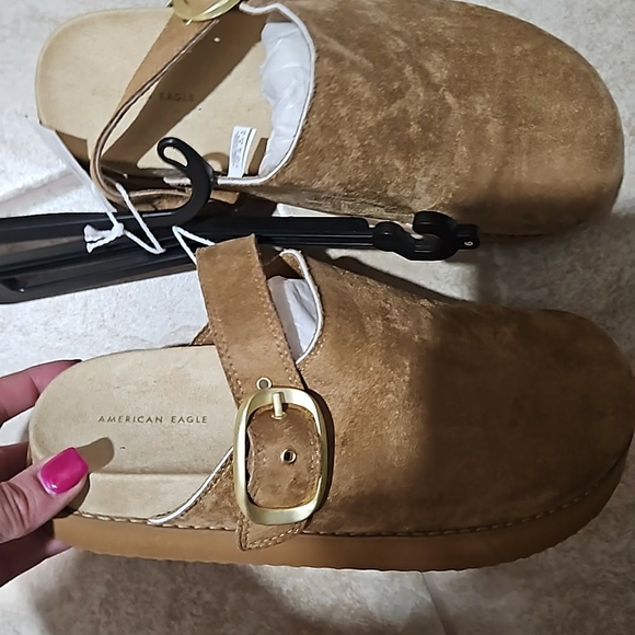 American Eagle Outfitters Shoes - American Eagle Outfitters Brown Suede Mules with Gold Buckle